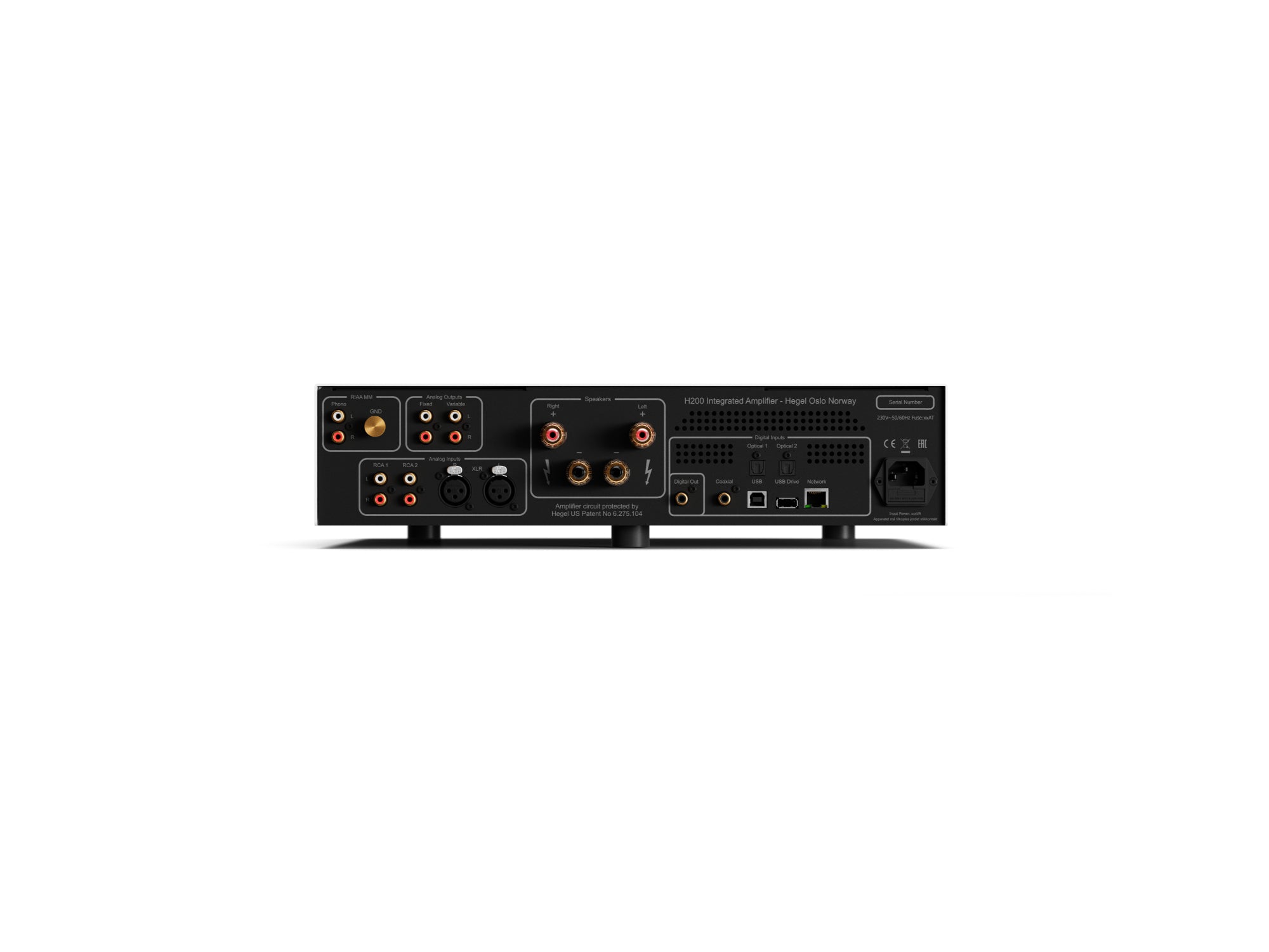 Hegel H200 streaming integrated amplifier black rear panel, showing all analogue and digital inputs plus speaker outputs 