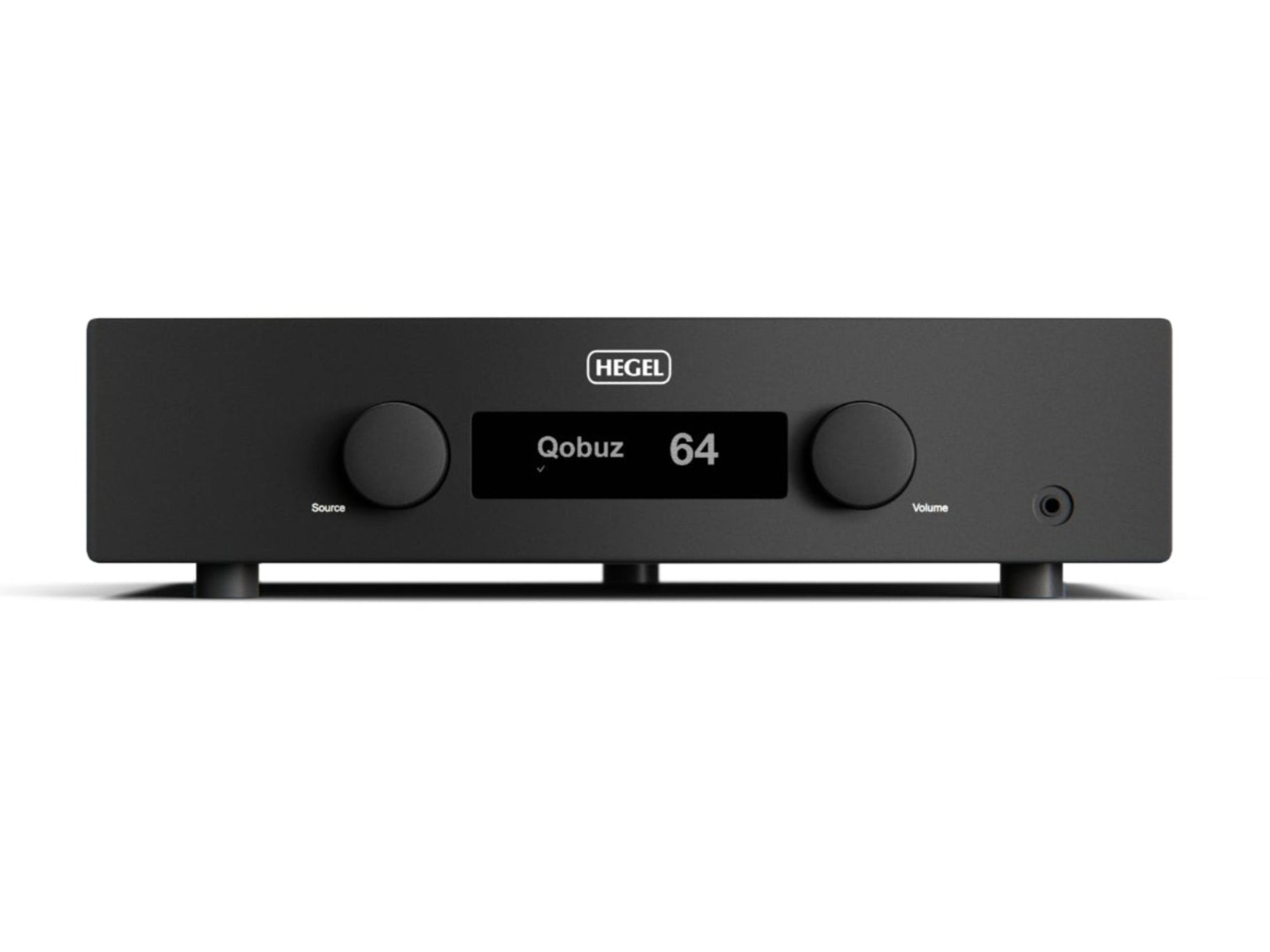 Front view of a black Hegel H200 streaming integrated amplifier with a central digital display between two control knobs