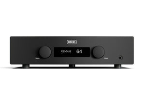 Front view of a black Hegel H200 streaming integrated amplifier with a central digital display between two control knobs
