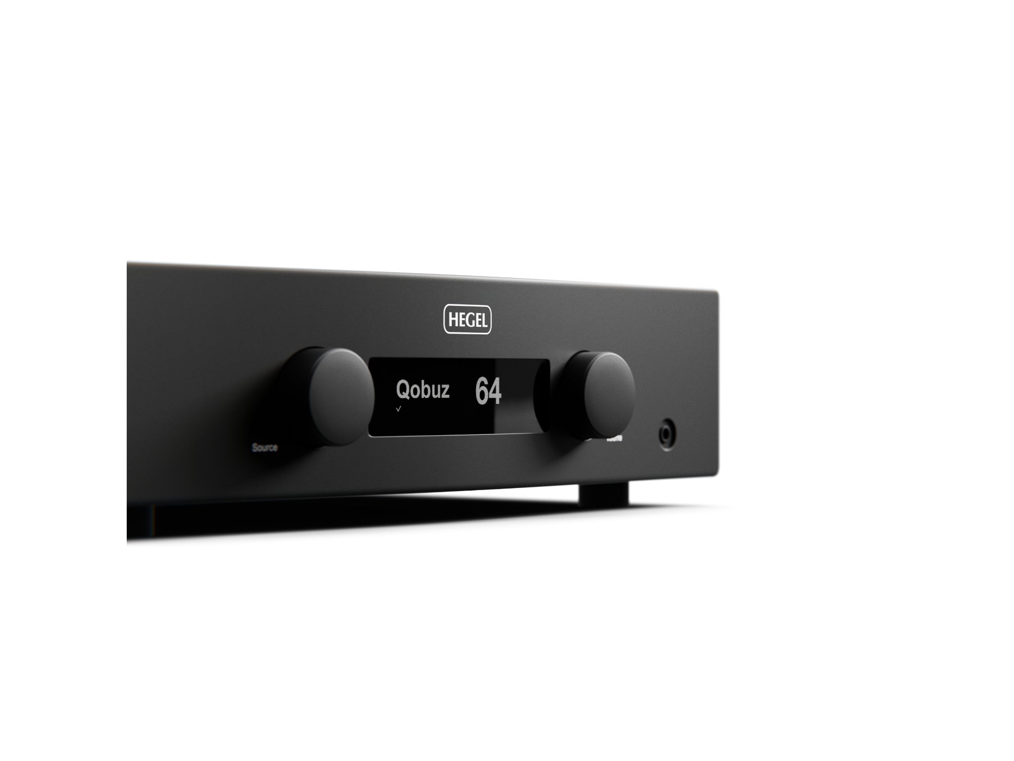 A HEGEL audio amplifier or receiver in matte black, featuring two large front-facing rotary knobs and a central digital display screen, shown on a clean white background.