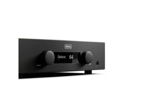 A HEGEL audio amplifier or receiver in matte black, featuring two large front-facing rotary knobs and a central digital display screen, shown on a clean white background.