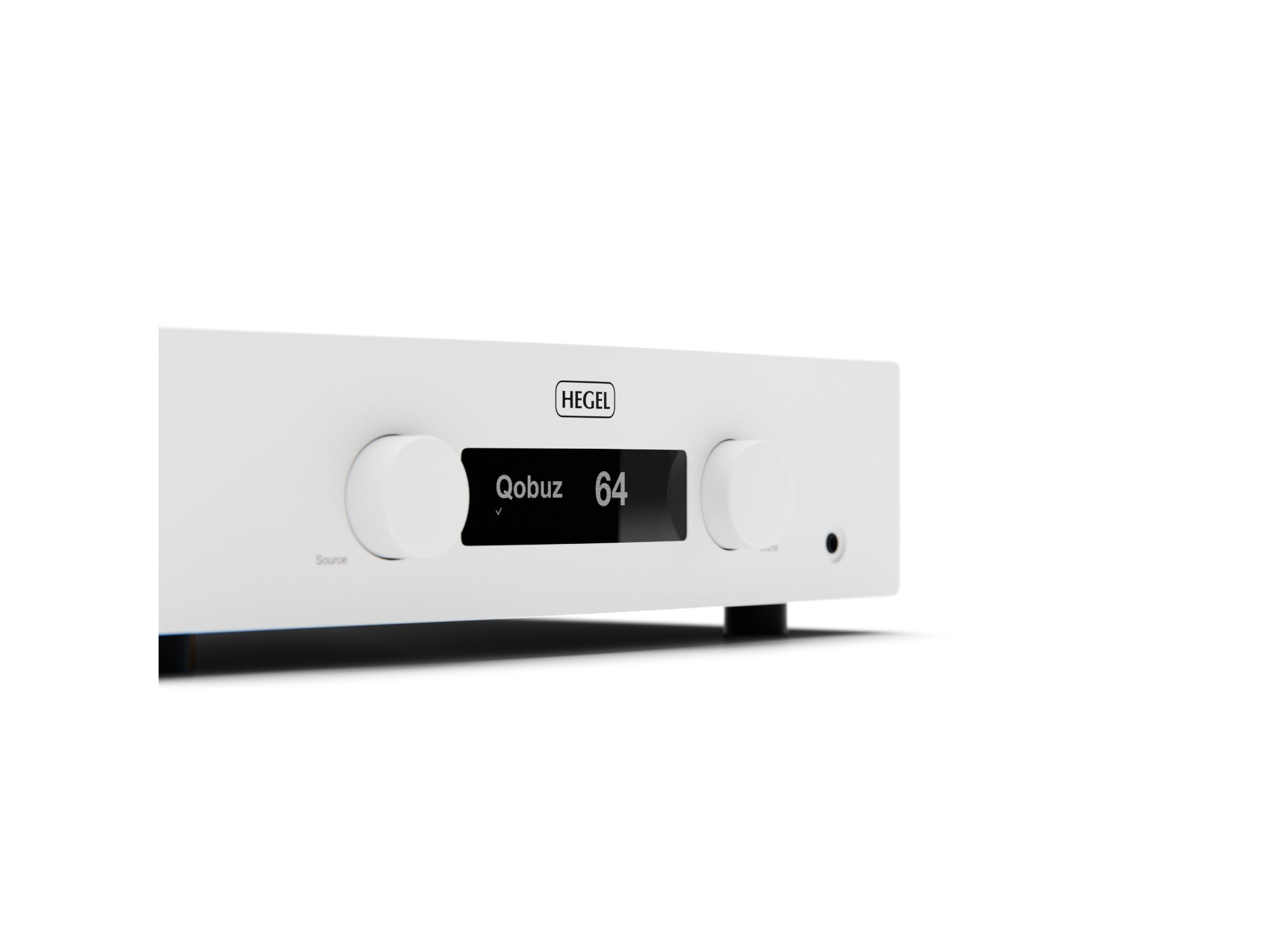 A white HEGEL audio amplifier or receiver, featuring two large front-facing rotary knobs and a central digital display screen, shown on a clean white background.