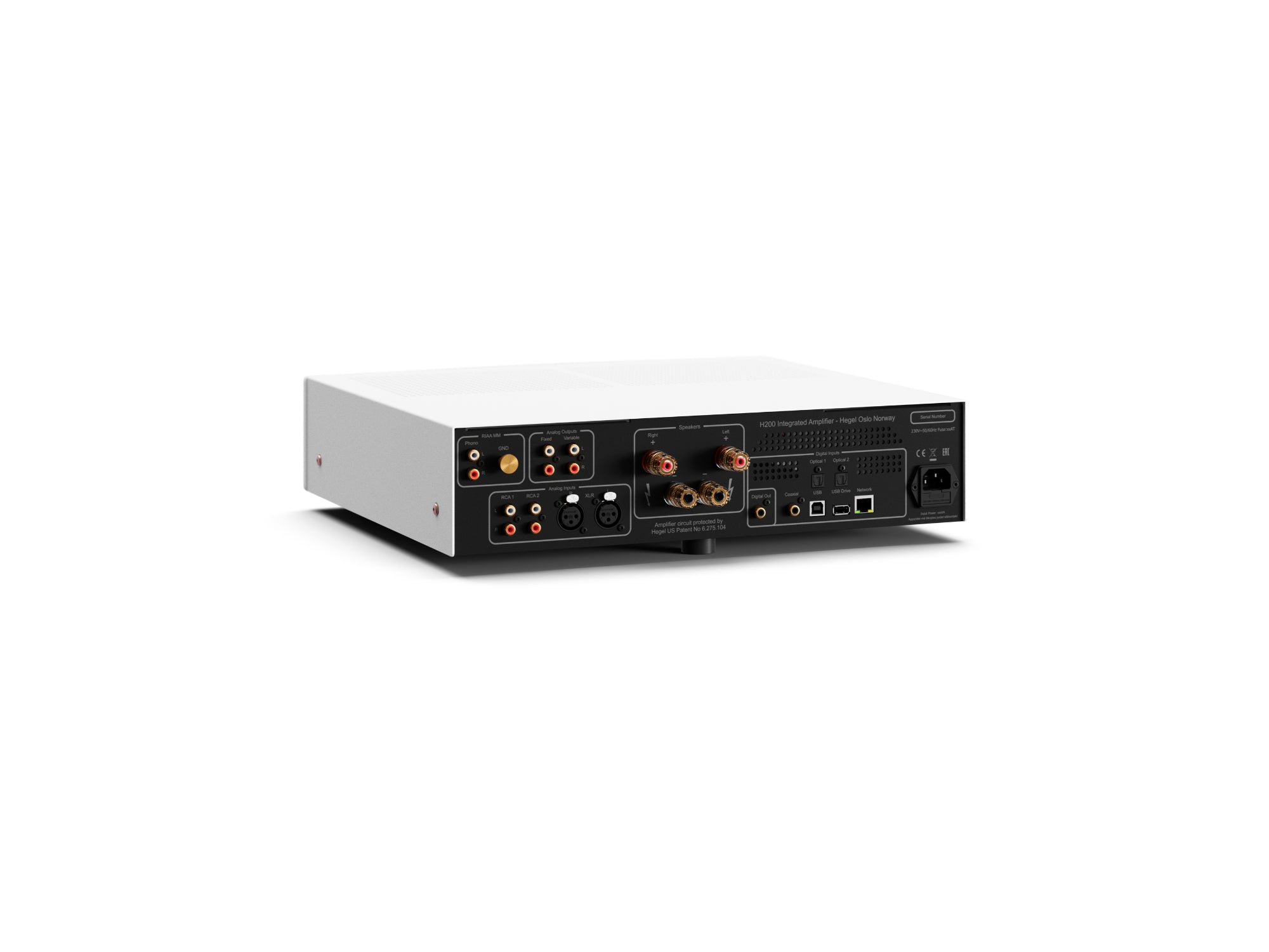 Hegel H200 streaming integrated amplifier white rear panel, showing all analogue and digital inputs plus speaker outputs 
