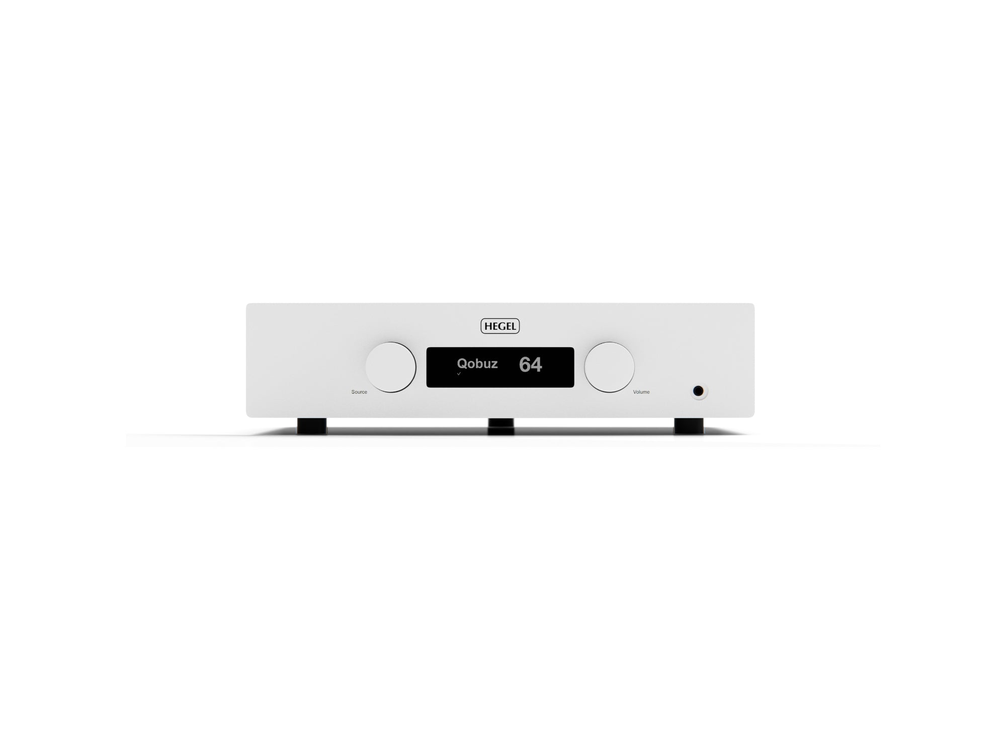 Hegel H200 streaming integrated amplifier white front panel, dual control knobs for source selection and volume, and a central display.