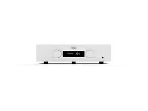 Hegel H200 streaming integrated amplifier white front panel, dual control knobs for source selection and volume, and a central display.