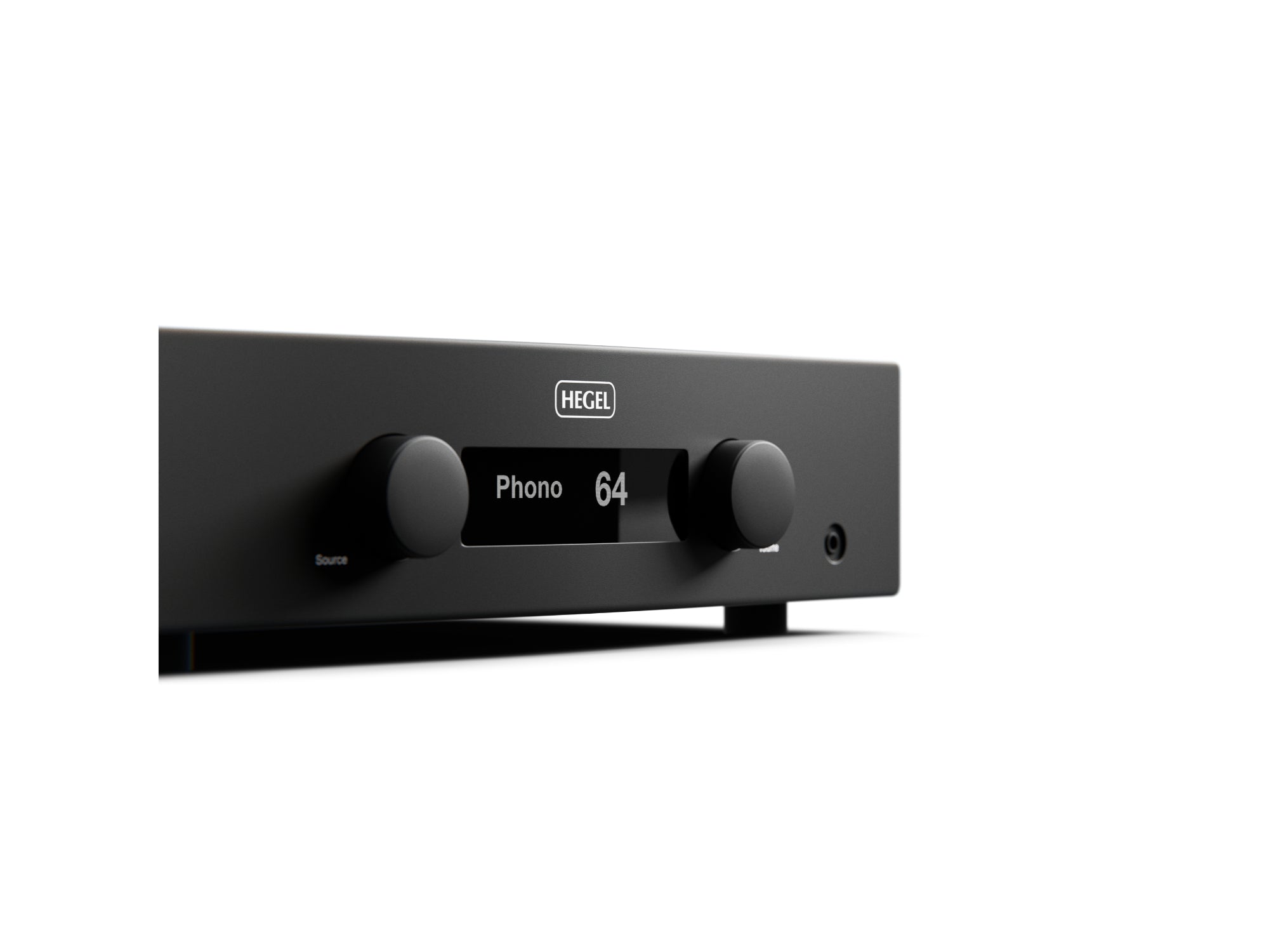 A HEGEL A200 audio amplifier matte black, featuring two large front-facing rotary knobs and a central digital display screen, shown on a clean white background.