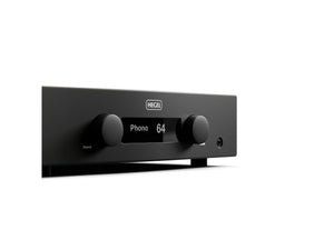 A HEGEL A200 audio amplifier matte black, featuring two large front-facing rotary knobs and a central digital display screen, shown on a clean white background.
