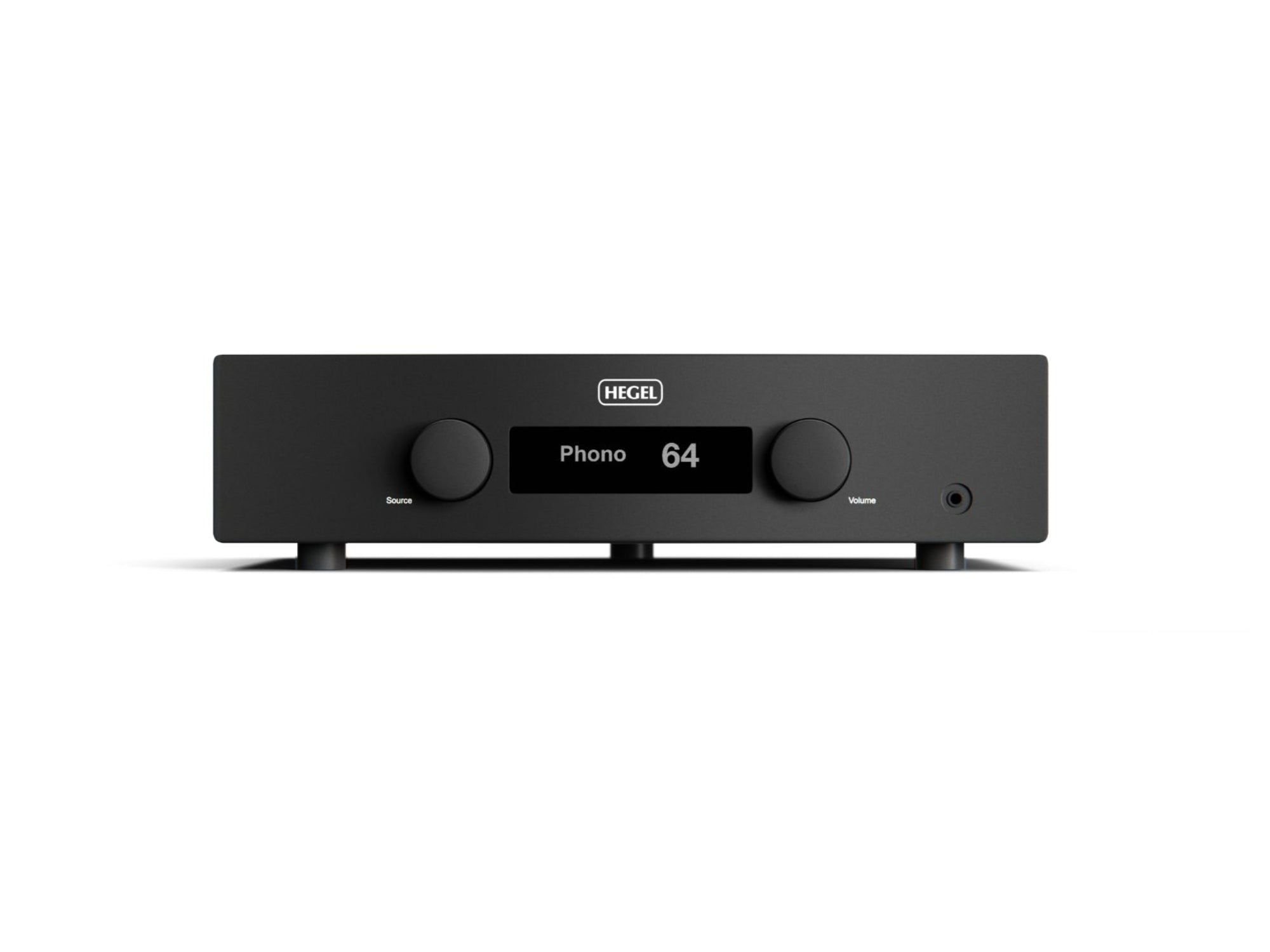 Hegel A200 Integrated analogue amplifier in black with two large front dials and a clear LCD display
