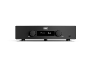 Hegel A200 Integrated analogue amplifier in black with two large front dials and a clear LCD display